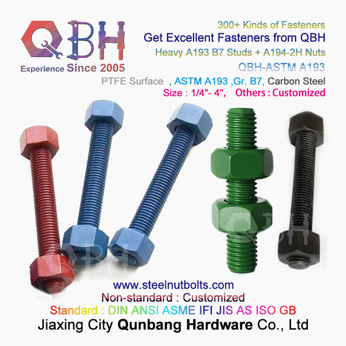 QBH PTFE 1070 Κόκκινο/Μπλε/Μαύρο/Πράσινο με επίστρωση 1/4"-4" ASTM A193 B7 Μπουλόνι ράβδου με σπείρωμα με βαρύ εξάγωνο παξιμάδι A194-2H 3