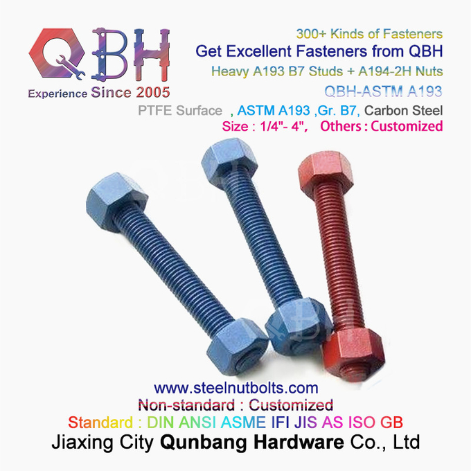 QBH PTFE 1070 Κόκκινο/Μπλε/Μαύρο/Πράσινο με επίστρωση 1/4"-4" ASTM A193 B7 Μπουλόνι ράβδου με σπείρωμα με βαρύ εξάγωνο παξιμάδι A194-2H 2