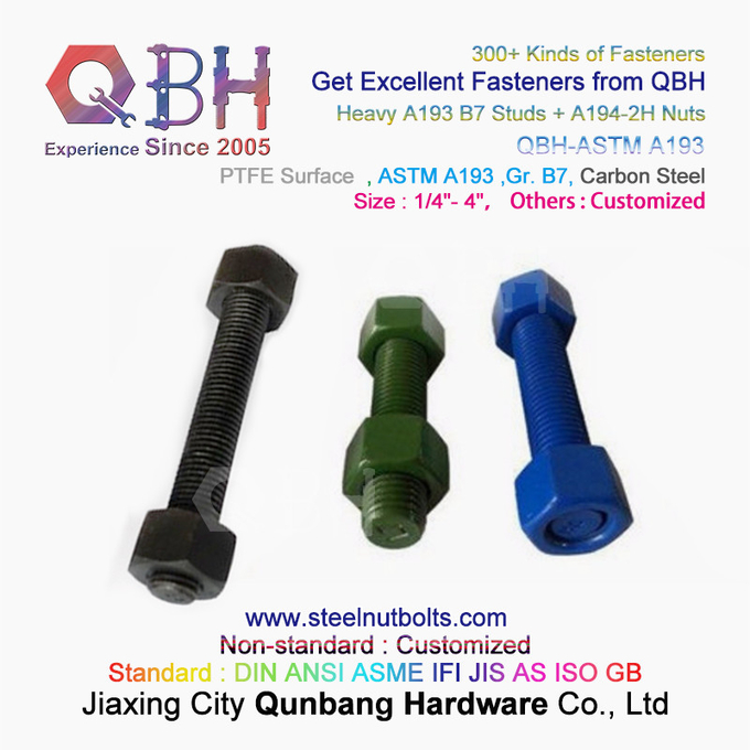 QBH PTFE 1070 Κόκκινο/Μπλε/Μαύρο/Πράσινο με επίστρωση 1/4"-4" ASTM A193 B7 Μπουλόνι ράβδου με σπείρωμα με βαρύ εξάγωνο παξιμάδι A194-2H 0